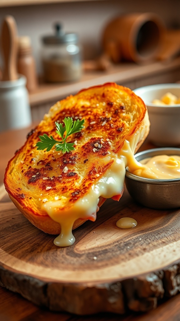 Golden-brown ham and cheese toast with melted cheese, served on a wooden board with mustard.